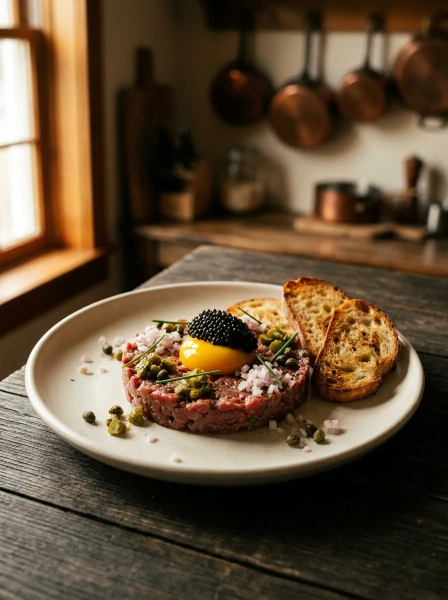 Beef tartare with egg yolk and caviar