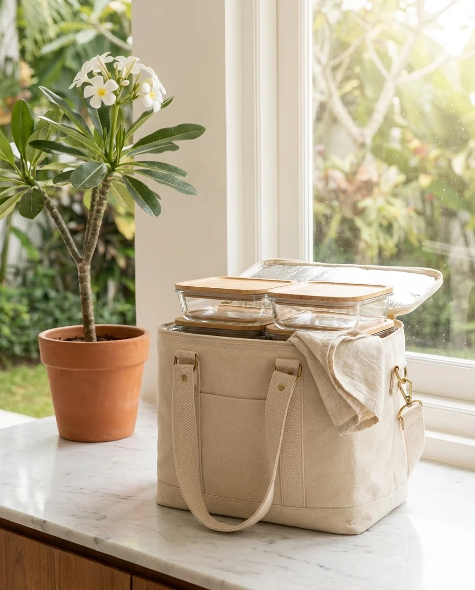 An insulated tote of glass meal containers on a villa doorstep