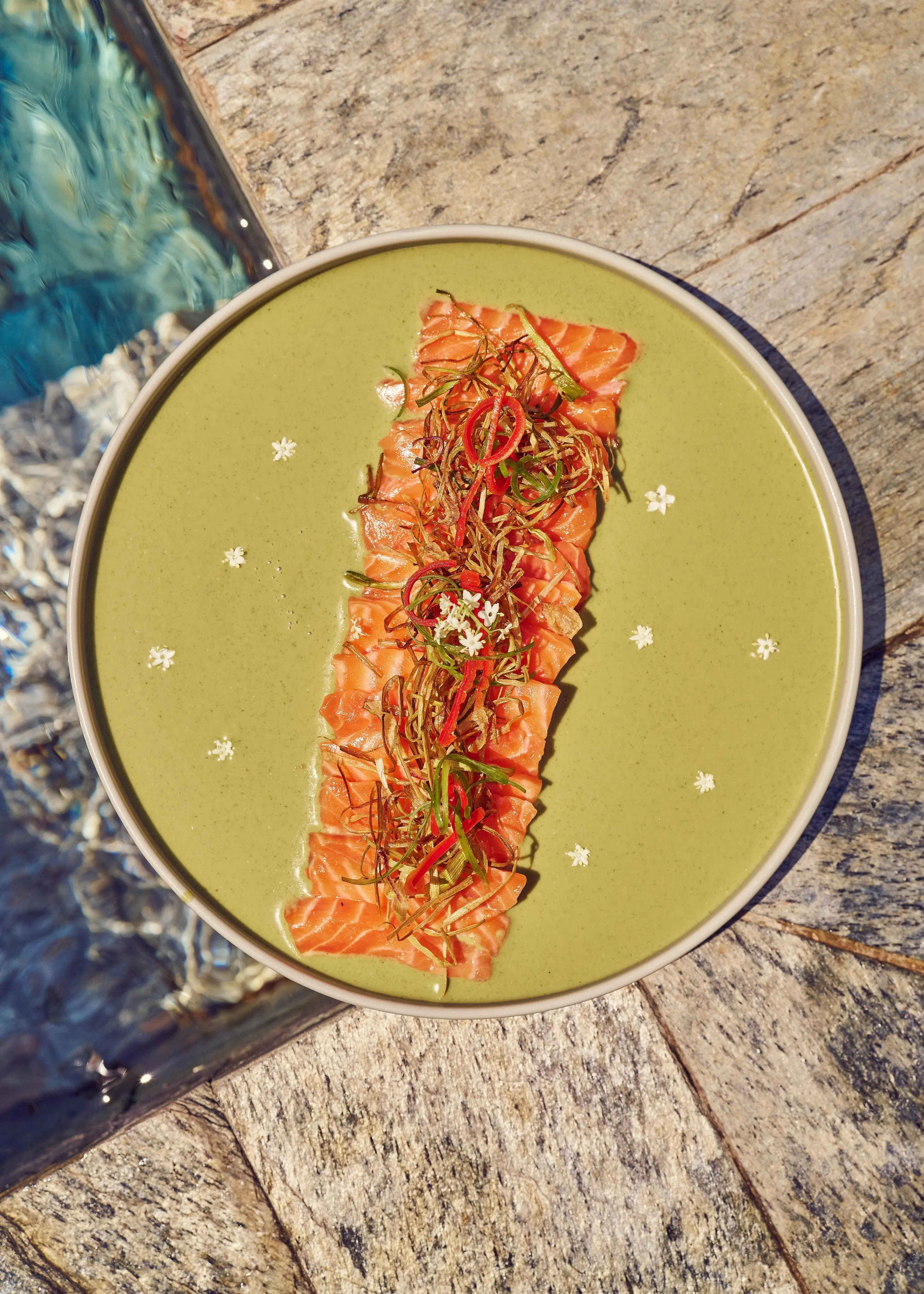 Salmon crudo on a pool of green herb oil with crispy shallots