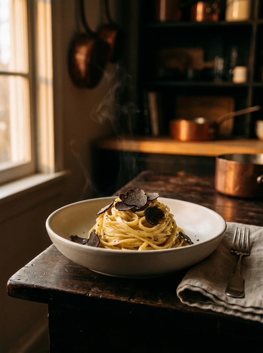 Handrolled tagliolini with black truffle, plated by Banda