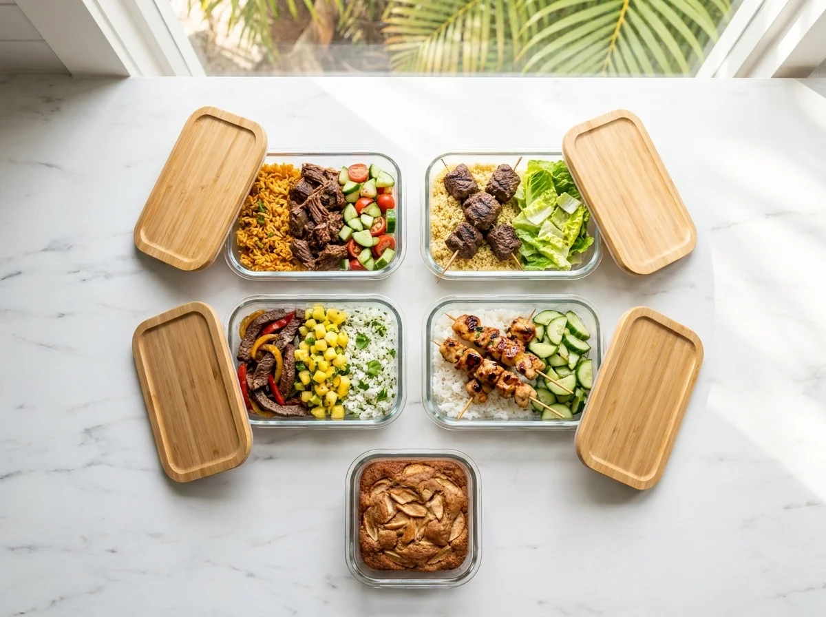 Four glass containers of dinners and a dish of apple cake, laid out on a marble counter
